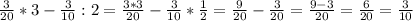 \frac{3}{20}*3- \frac{3}{10}:2= \frac{3*3}{20}- \frac{3}{10}* \frac{1}{2}= \frac{9}{20}- \frac{3}{20}= \frac{9-3}{20}= \frac{6}{20}= \frac{3}{10}