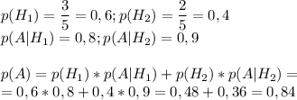 \displaystyle p(H_1)=\frac{3}{5}=0,6;p(H_2)=\frac{2}{5}=0,4\\p(A|H_1)=0,8;p(A|H_2)=0,9\\\\p(A)=p(H_1)*p(A|H_1)+p(H_2)*p(A|H_2)=\\=0,6*0,8+0,4*0,9=0,48+0,36=0,84