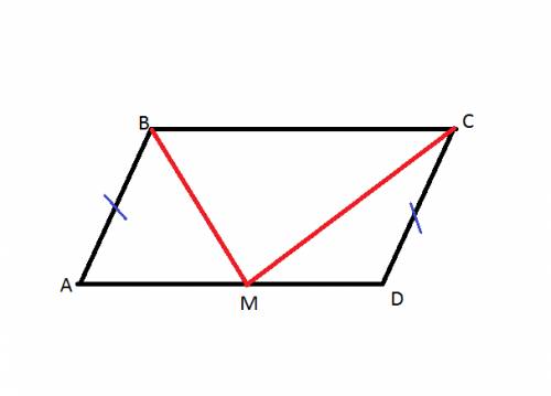 Биссектрисы углов в и с параллелограма abcd пересекаются в точке м стороны ad. докажите, что сторона