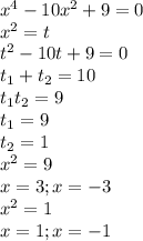 x^{4}-10x^{2}+9=0\\&#10;x^{2}=t\\&#10;t^{2}-10t+9=0\\&#10;t_{1}+t_{2}=10\\&#10;t_{1}t_{2}=9\\&#10;t_{1}=9\\&#10;t_{2}=1\\&#10;x^{2}=9\\&#10;x=3;x=-3\\&#10;x^{2}=1\\&#10;x=1;x=-1\\