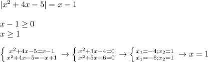 |x^{2}+4x-5|=x-1\\\\&#10;x-1 \geq 0\\x \geq 1\\&#10;&#10;\left \{ {{x^{2}+4x-5=x-1} \atop {x^{2}+4x-5=-x+1}} \right. \to &#10;\left \{ {{x^{2}+3x-4=0} \atop {x^{2}+5x-6=0}} \right. \to&#10;\left \{ {{x_{1}=-4;x_{2}=1} \atop {x_{1}=-6;x_{2}=1}} \right. \to x=1