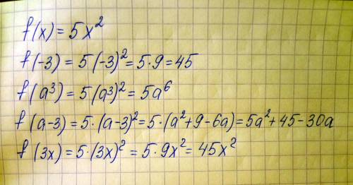 Дана функция y=f(x), где f(x)=5x^2. найдите f(-3); f(a^3); f(a-3); f(3x). , буду !