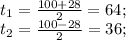 \\ t_1= \frac{100+28}{2}=64; \\t_2= \frac{100-28}{2}=36;