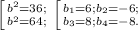 \left [ {{b^2=36;} \atop {b^2=64;}} \right. \left [ {{b_1=6; b_2=-6;} \atop {b_3=8; b_4=-8.}} \right.