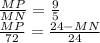 \frac{MP}{MN}=\frac{9}{5}\\&#10;\frac{MP}{72}=\frac{24-MN}{24}