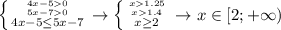 \left \{ {{4x-50} \atop {5x-70}} \atop {4x-5 \leq 5x-7}\right. \to \left \{ {{x1.25} \atop {x1.4}}\atop {x \geq 2} \right. \to x \in [2;+\infty)