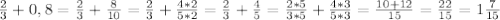 \frac{2}{3} +0,8= \frac{2}{3} + \frac{8}{10}=\frac{2}{3} + \frac{4*2}{5*2}=\frac{2}{3} + \frac{4}{5}= \frac{2*5}{3*5} + \frac{4*3}{5*3} = \frac{10+12}{15} =\frac{22}{15} =1 \frac{7}{15}