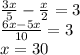 \frac{3x}5-\frac x2=3\\\frac{6x-5x}{10}=3\\x=30