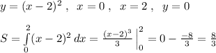 y=(x-2)^2\; ,\; \; x=0\; ,\; \; x=2\; ,\; \; y=0\\\\S=\int\limits^2_0(x-2)^2\, dx=\frac{(x-2)^3}{3}\, \Big |_0^2=0-\frac{-8}{3}=\frac{8}{3}