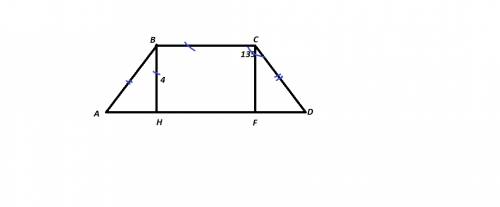 Один из углов равнобедренной трапеции равен 135 градусов, а высота 4 см. вычеслите площадь трапеции,