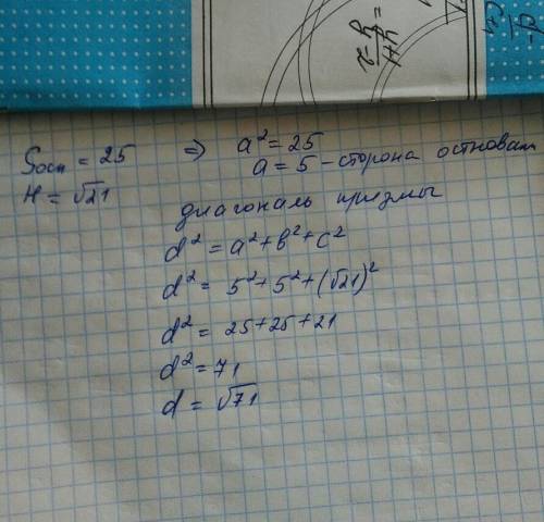 Вправильной 4-х угольной призме площадь основания равна 25 высота равна √21 найдите диагональ призмы