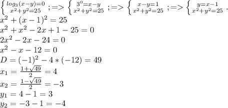 \left \{ {{log_{3}(x-y)=0} \atop {x^{2}+y^{2}=25}} \right.;=\left \{ {{3^{0}=x-y} \atop {x^{2}+y^{2}=25}} \right.;=\left \{ {{x-y=1} \atop {x^{2}+y^{2}=25}} \right.;=\left \{ {{y=x-1} \atop {x^{2}+y^{2}=25}} \right..\\x^{2}+(x-1)^{2}=25\\x^{2}+x^{2}-2x+1-25=0\\2x^{2}-2x-24=0\\x^{2}-x-12=0\\D=(-1)^{2}-4*(-12)=49\\x_{1}=\frac{1+\sqrt{49}}{2}=4\\x_{2}=\frac{1-\sqrt{49}}{2}=-3\\ y_{1}=4-1=3\\y_{2}=-3-1=-4