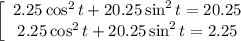 \left[\begin{array}{ccc}2.25\cos ^2t+20.25\sin^2t=20.25\\2.25\cos^2t+20.25\sin^2t=2.25\end{array}\right