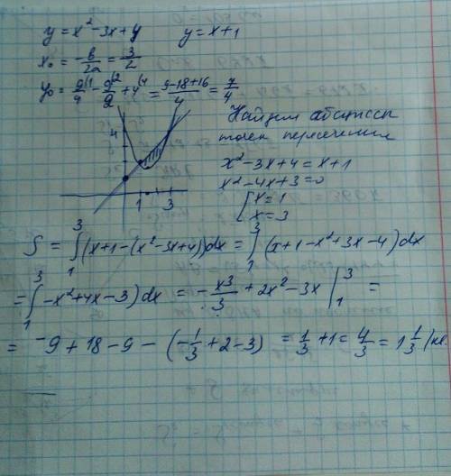 Вычислить площадь фигуры ограниченной линиями y=x2-3x+4, y=x+1