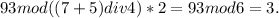 93mod((7+5)div4)*2=93mod6=3.