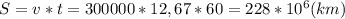 S=v*t=300000*12,67*60=228*10^6(km)