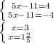 \left \{ {{5x-11=4} \atop {5x-11=-4}} \right. &#10;&#10; \left \{ {{x=3} \atop {x=1 \frac{2}{5} }} \right.