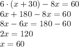 6\cdot(x+30)-8x=60\\6x+180-8x=60\\8x-6x=180-60\\2x=120\\x=60