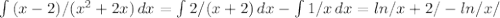 \int\limits {(x-2)/(x^2+2x)} \, dx = \int\limits {2/(x+2)} \, dx - \int\limits {1/x} \, dx =ln/x+2/-ln/x/