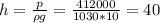 h= \frac{p}{\rho g} = \frac{412000}{1030*10} =40