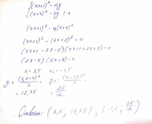 Решить систему уравнений! фигурные скобки (4х+1)²=12у, (х+4)²=3у