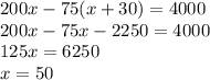 200x-75(x+30)=4000\\200x-75x-2250=4000\\125x=6250\\x=50