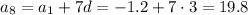 a_8=a_1+7d=-1.2+7\cdot 3=19.8