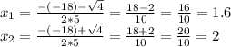 x_{1}= \frac{-(-18)- \sqrt{4} }{2*5} =\frac{18-2}{10} = \frac{16}{10} =1.6 \\ x_{2}= \frac{-(-18)+ \sqrt{4} }{2*5} =\frac{18+2}{10} = \frac{20}{10} =2