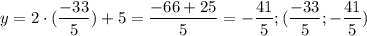 $y=2\cdot (\frac{-33}{5})+5=\frac{-66+25}{5}=-\frac{41}{5}; (\frac{-33}{5}; -\frac{41}{5})