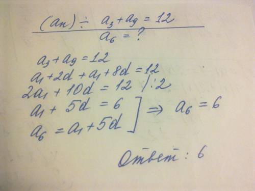 Сумма третьего и девятого членов арифметической прогрессии равна 12.найдите а6