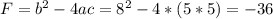 F= b^{2} -4ac= 8^{2} -4*(5*5)=-36