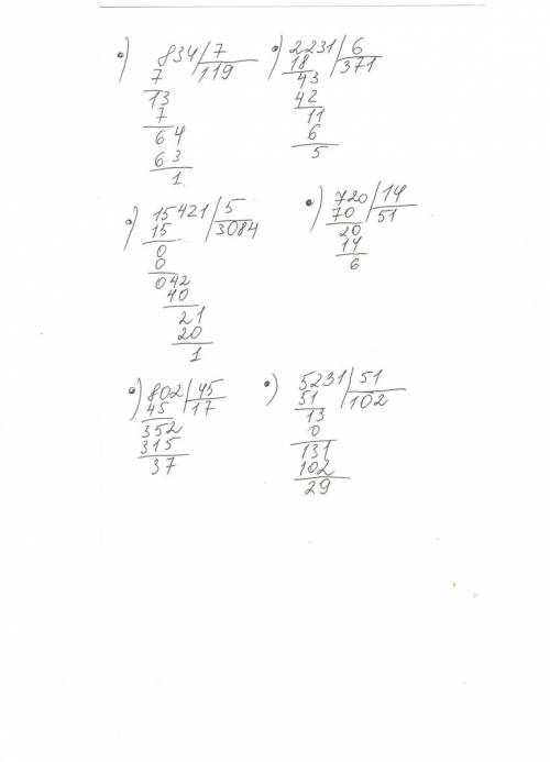 Выполни деление с остатком столбиком. 834: 7,2231: 6,15421: 5,720: 14,802: 45,5231: 51.