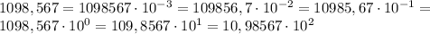 1098,567=1098567\cdot10^{-3}=109856,7\cdot10^{-2}=10985,67\cdot10^{-1}= \\ 1098,567\cdot10^{0}=109,8567\cdot10^1=10,98567\cdot10^2