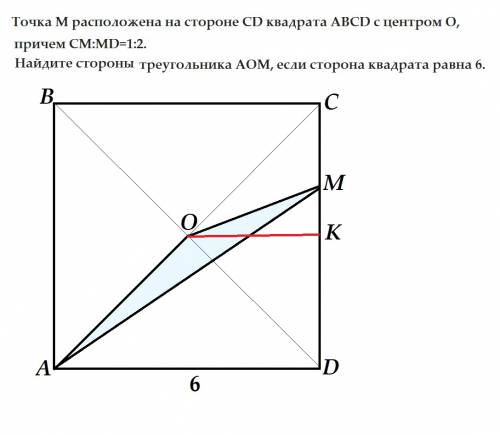 Точка м расположена на стороне сd квадрата авсd с центром о, причем см: мd=1: 2. найдите стороны тре