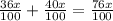 \frac{36x}{100} + \frac{40x}{100} = \frac{76x}{100}