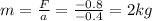 m= \frac{F}{a} = \frac{-0.8}{-0.4} =2kg