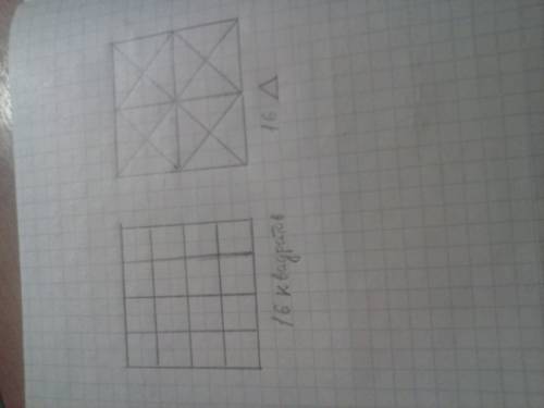 Разделить квадрат со стороной 4 см : на 16 равных квадратов,на 16 равных треугольников