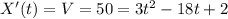 X'(t)=V=50=3t^2-18t+2