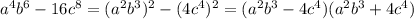 a^4b^6-16c^8=(a^2b^3)^2-(4c^4)^2=(a^2 b^3-4 c^4) (a^2 b^3+4 c^4)