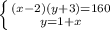 \left \{ {{(x-2)(y+3)=160} \atop {y=1+x}} \right.