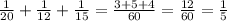 \frac{1}{20} + \frac{1}{12} + \frac{1}{15} = \frac{3+5+4}{60} = \frac{12}{60} = \frac{1}{5}