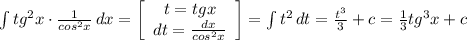 \int\limits {tg^2x\cdot \frac{1}{cos^2x}} \, dx=\left[\begin{array}{ccc}t=tgx\\dt=\frac{dx}{cos^2x} \end{array}\right]=\int\limits {t^2} \, dt =\frac{t^3}{3}+c=\frac{1}{3}tg^3x+c