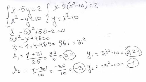 Решить систему уравнений: х-5у=2 хквадрате-у=10