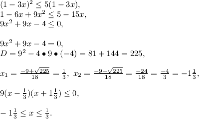 (1-3x)^2\le5(1-3x),\\1-6x+9x^2\le5-15x,\\9x^2+9x-4\le0,\\\\9x^2+9x-4=0,\\D=9^2-4\bullet9\bullet(-4)=81+144=225,\\\\x_1=\frac{-9+\sqrt{225}}{18}=\frac{1}{3},\ x_2=\frac{-9-\sqrt{225}}{18}=\frac{-24}{18}=\frac{-4}{3}=-1\frac{1}{3},\\\\9(x-\frac{1}{3})(x+1\frac{1}{3})\le0,\\\\ -1\frac{1}{3}\le x\le\frac{1}{3}.