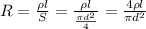 R=\frac{\rho l}{S}=\frac{\rho l}{\frac{\pi d^2}{4}}=\frac{4\rho l}{\pi d^2}