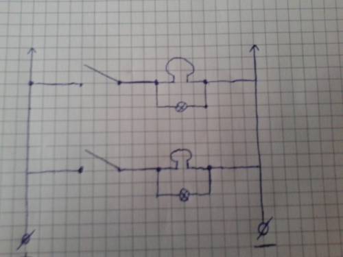 Нарисуйте схему соединения батарейки, двух ламп, звонка и двух ключей, при которой лампы загораются