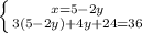 \left \{ {{x = 5 - 2y} \atop {3(5-2y)+ 4y+24 = 36 }} \right.