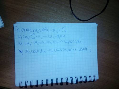 Запишите уравнение реакциий по схеме ацетилен-этаналь-этанол-этиловый эфир уксусной кислоты-уксусная