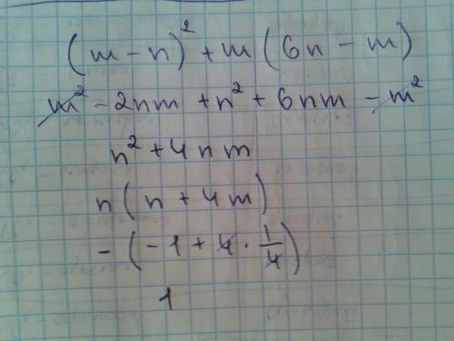 Выражения (m-n)^2+m (6n-m) и найдите его значение при m=1/4 n=-1