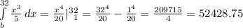 \int\limits^{32}_b { \frac{x^3}{5} } \, dx = \frac{x^4}{20}|^3^2_1= \frac{32^4}{20}- \frac{1^4}{20}= \frac{209715}{4} =52428.75